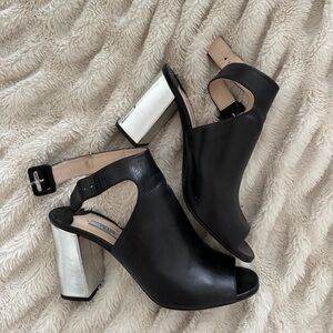 Prada Black and Silver Block Heel Sandals